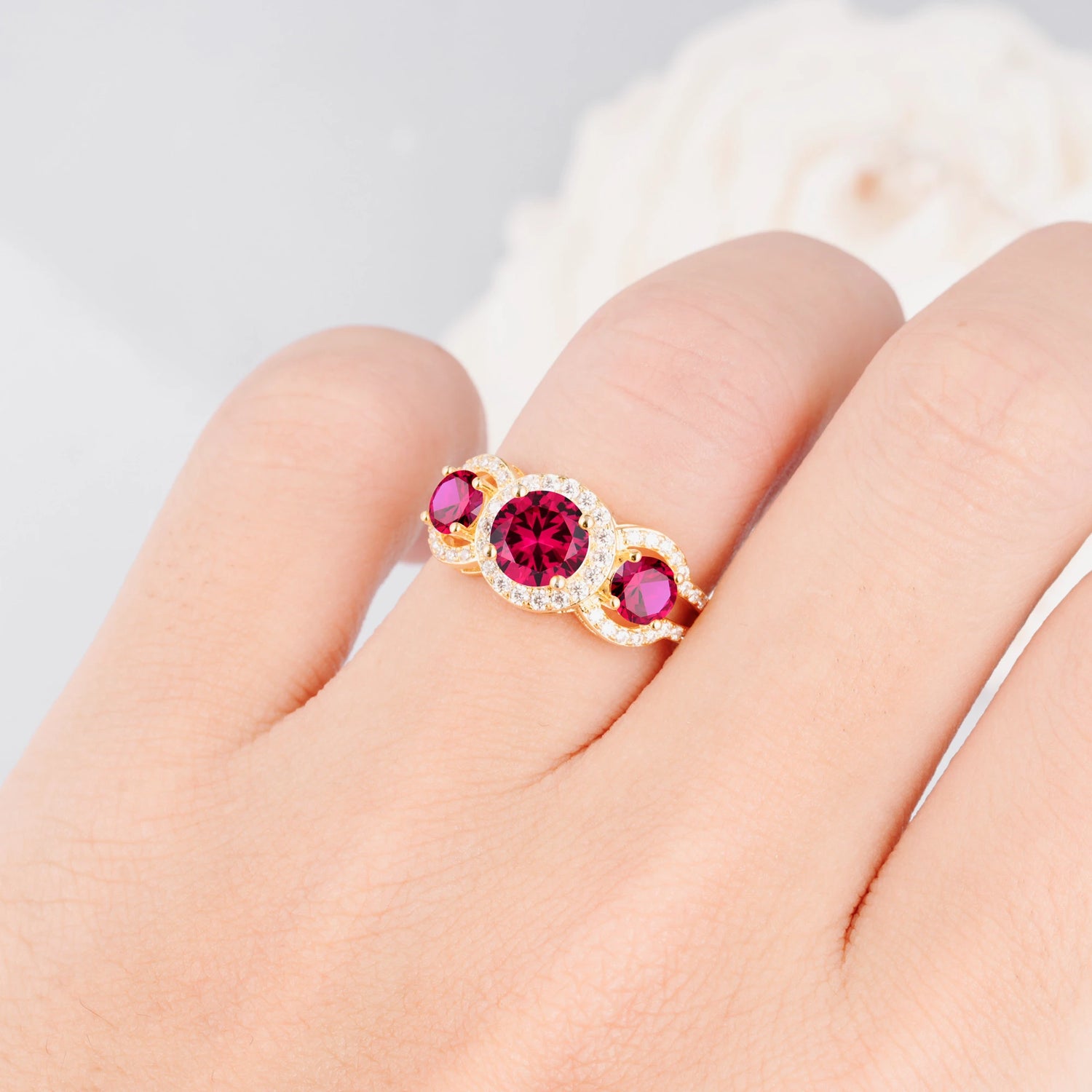 Three Stone Pavé Round Cut Ruby Engagement Ring