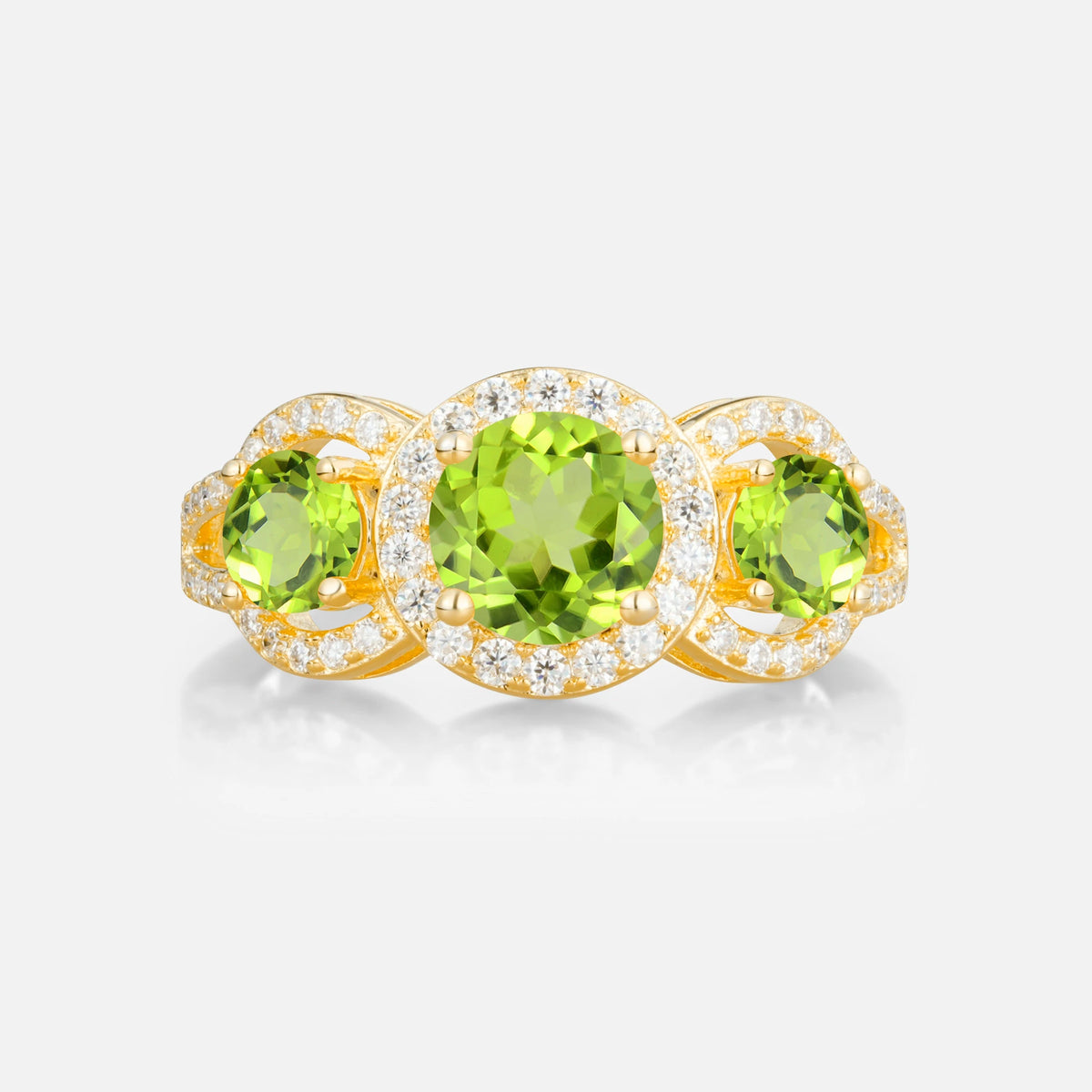 Three Stone Pavé Round Cut Peridot Engagement Ring
