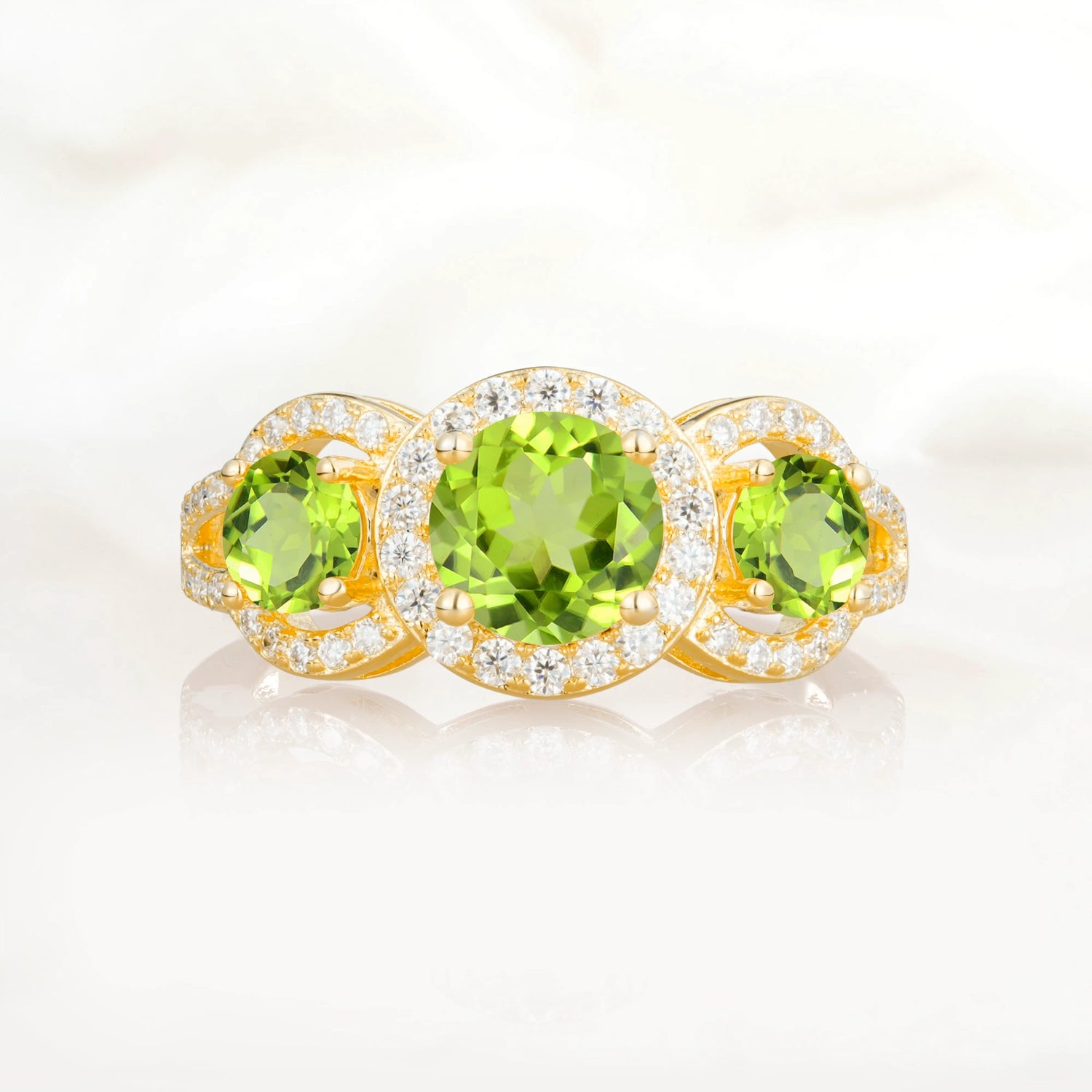 Three Stone Pavé Round Cut Peridot Engagement Ring