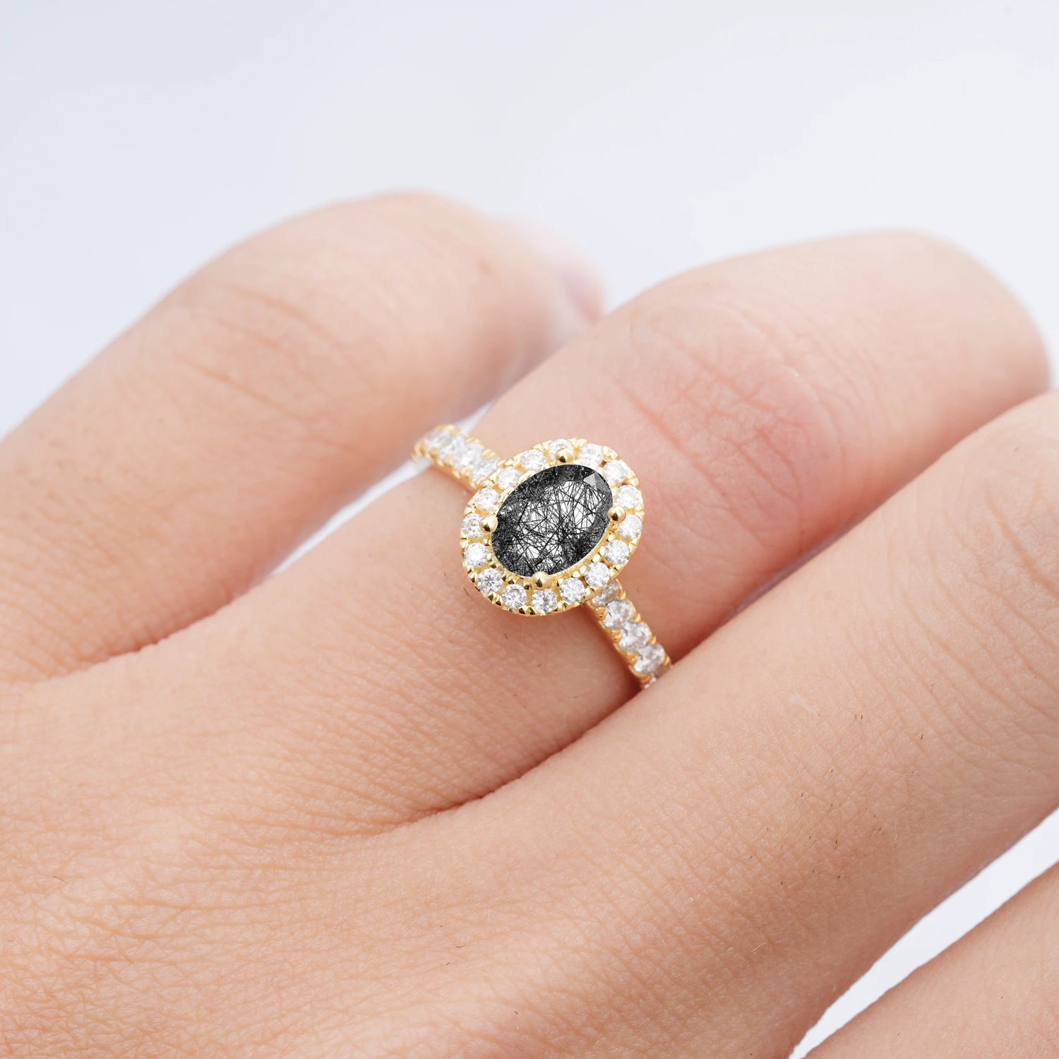 Halo Oval-Cut Black Rutilated Quartz Engagement Ring