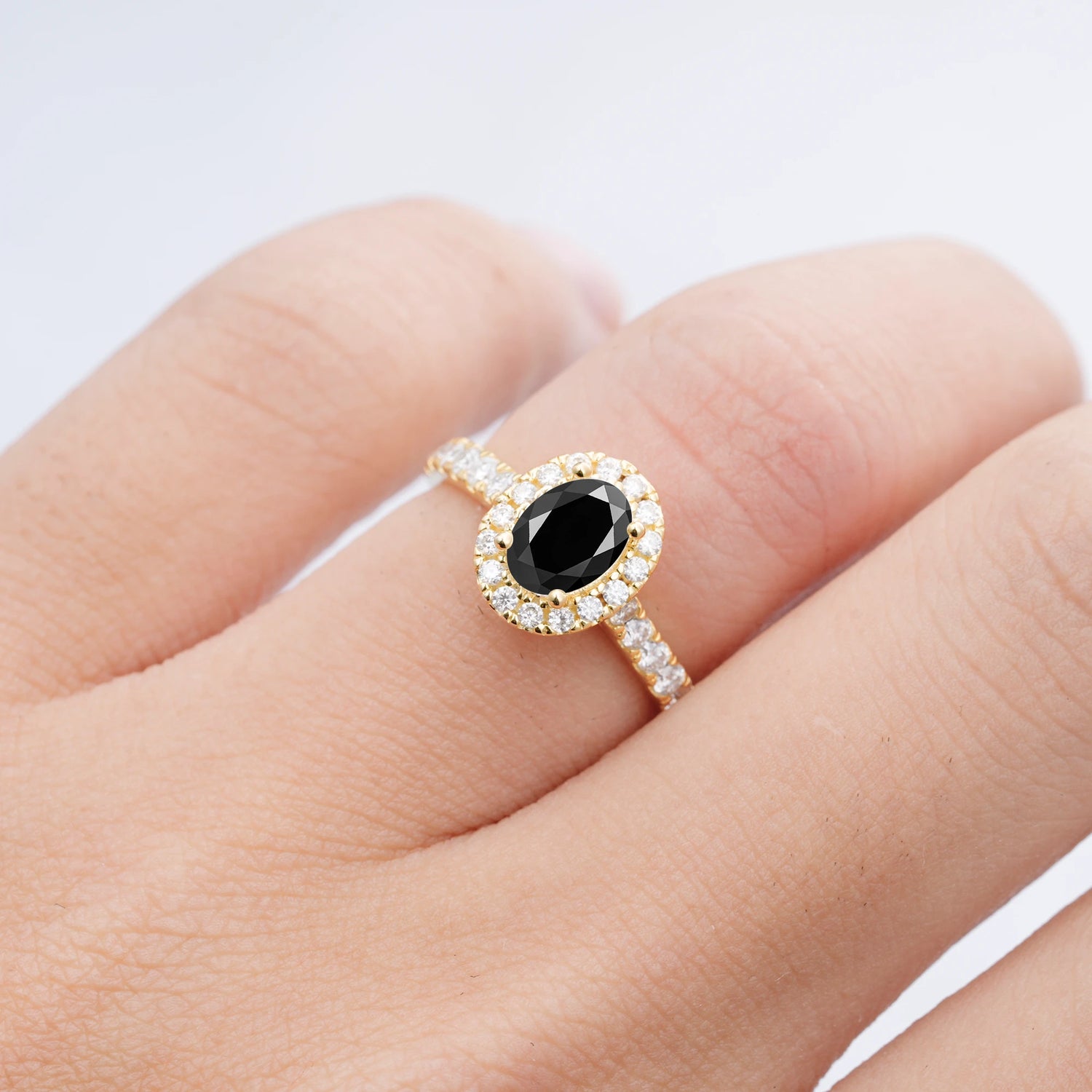Halo Oval-Cut Black Onyx Engagement Ring