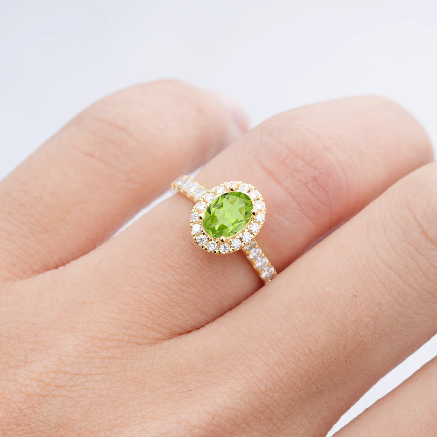 Halo Oval-Cut Peridot Engagement Ring