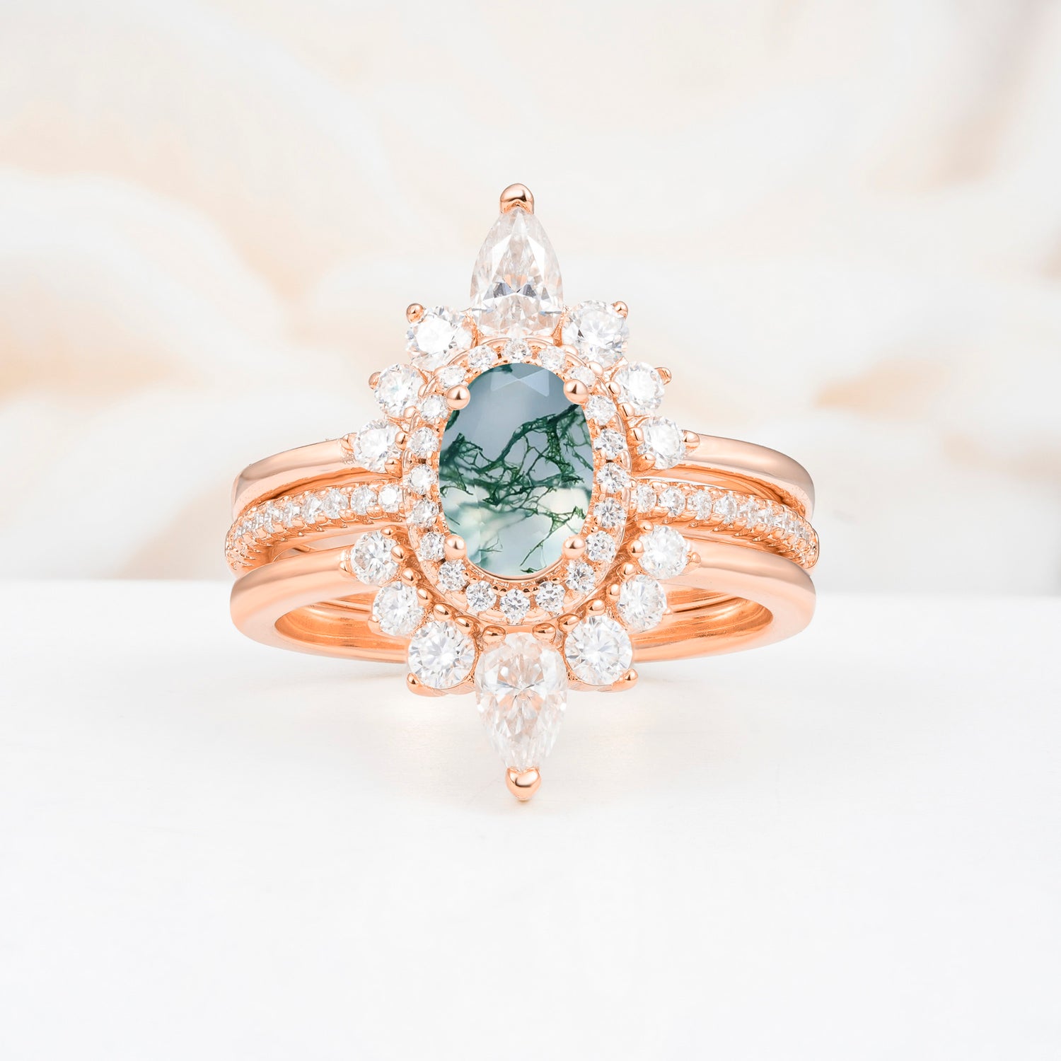 3 Piece Halo Moss Agate Bridal Set with Enhancer Bands