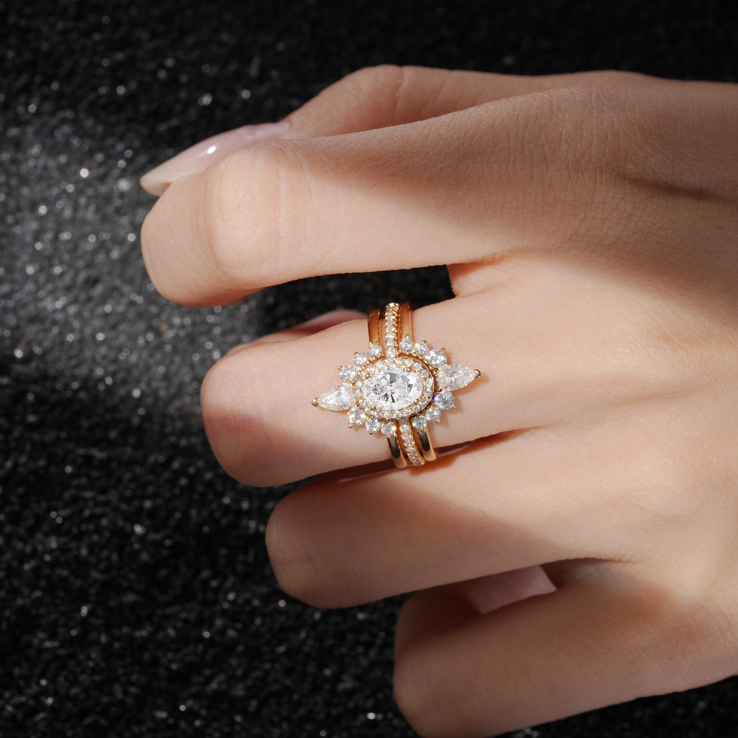 3 Piece Halo Moissanite Bridal Set with Enhancer Bands