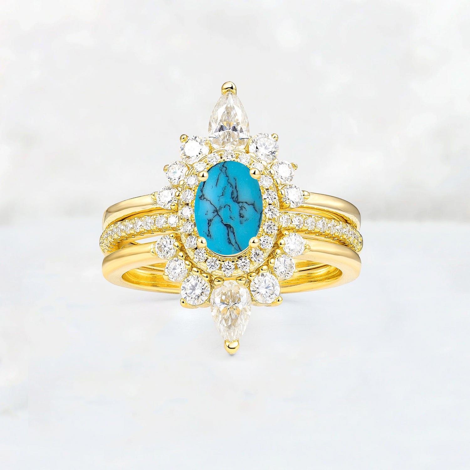 3 Piece Halo Turquoise Bridal Set with Enhancer Bands