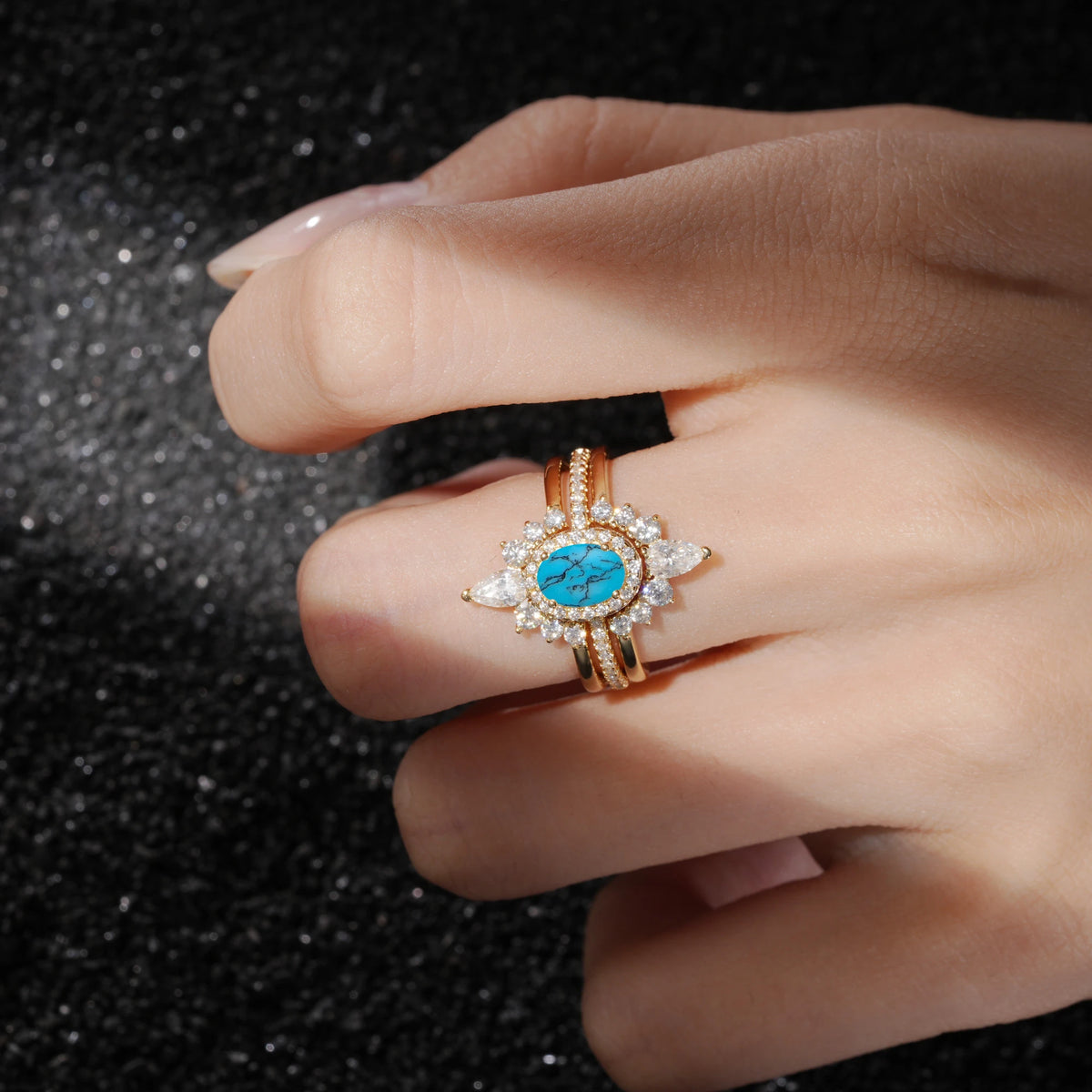 3 Piece Halo Turquoise Bridal Set with Enhancer Bands