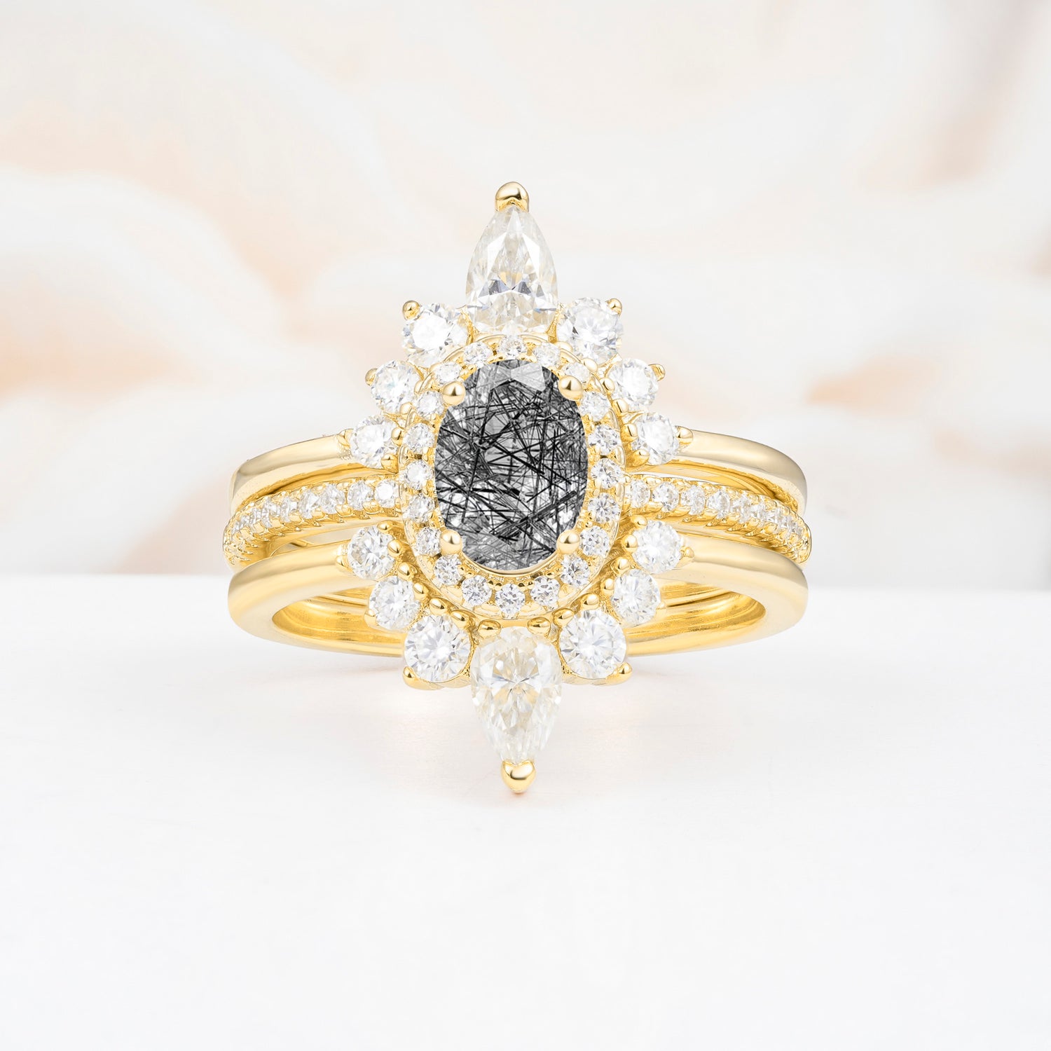 3 Piece Halo Black Rutilated Quartz Bridal Set with Enhancer Bands