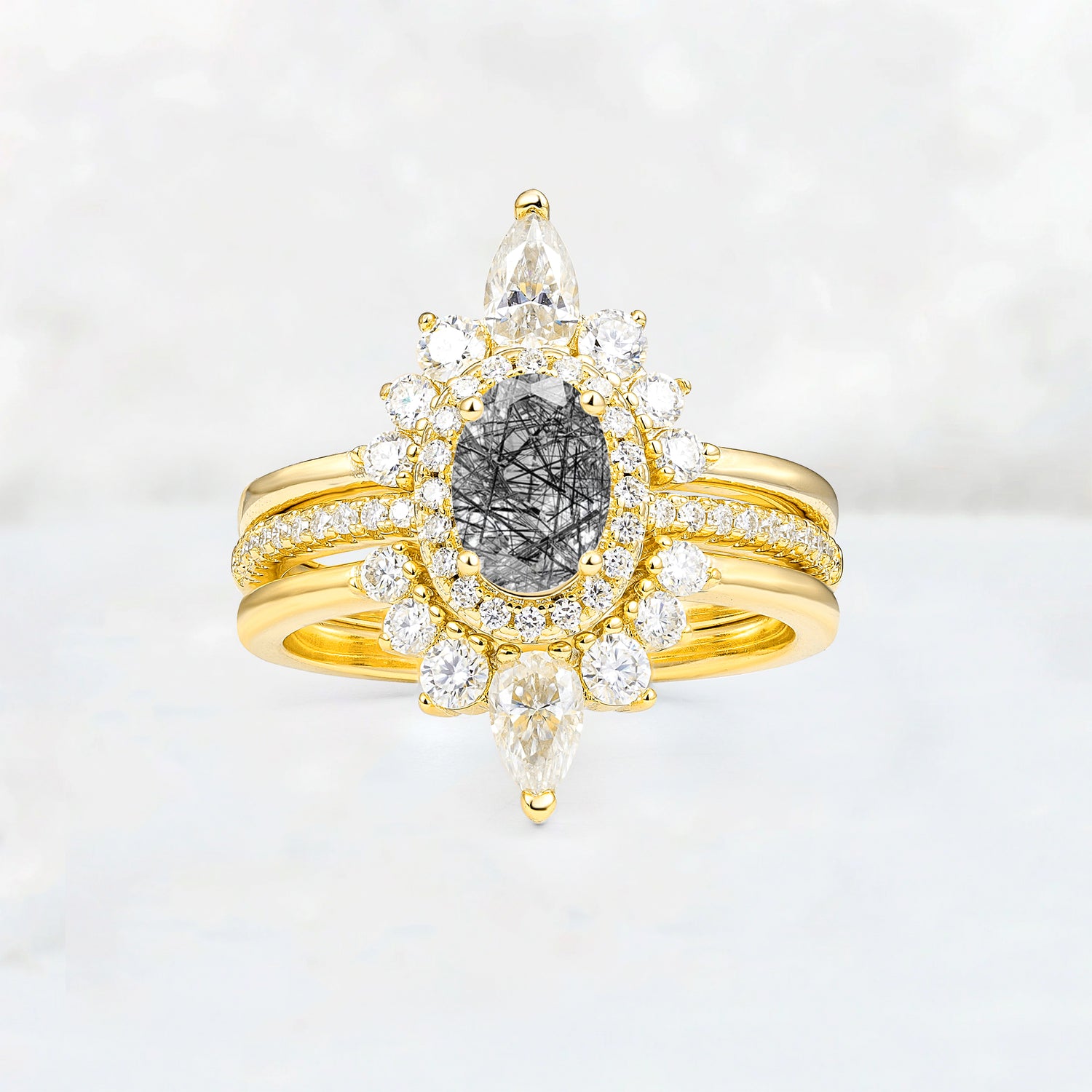 3 Piece Halo Black Rutilated Quartz Bridal Set with Enhancer Bands