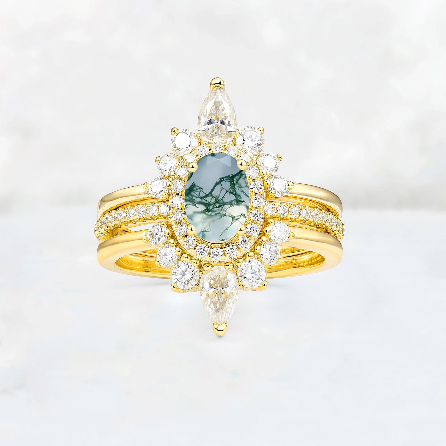 3 Piece Halo Moss Agate Bridal Set with Enhancer Bands