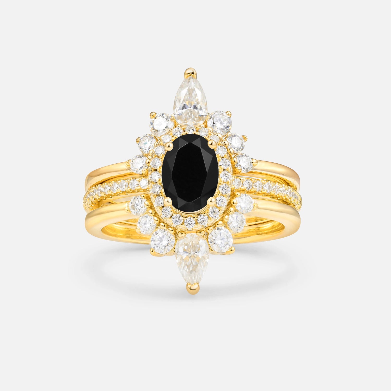 3 Piece Halo Black Onyx Bridal Set with Enhancer Bands