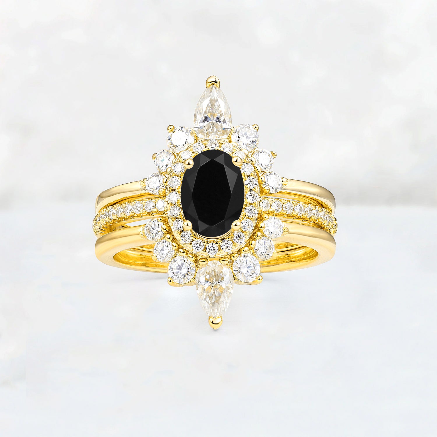 3 Piece Halo Black Onyx Bridal Set with Enhancer Bands