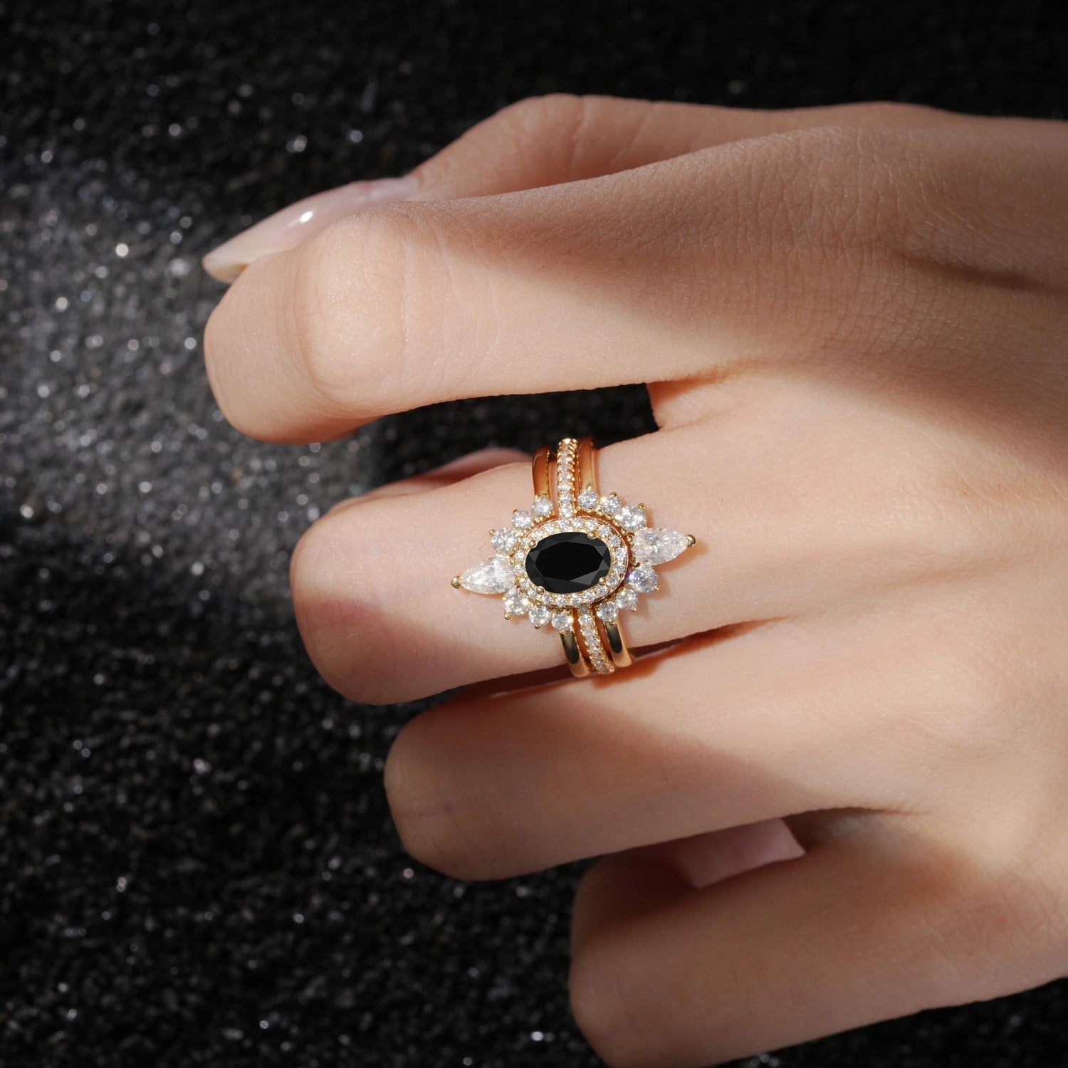 3 Piece Halo Black Onyx Bridal Set with Enhancer Bands