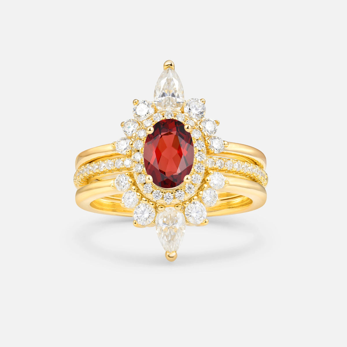 3 Piece Halo Garnet Bridal Set with Enhancer Bands