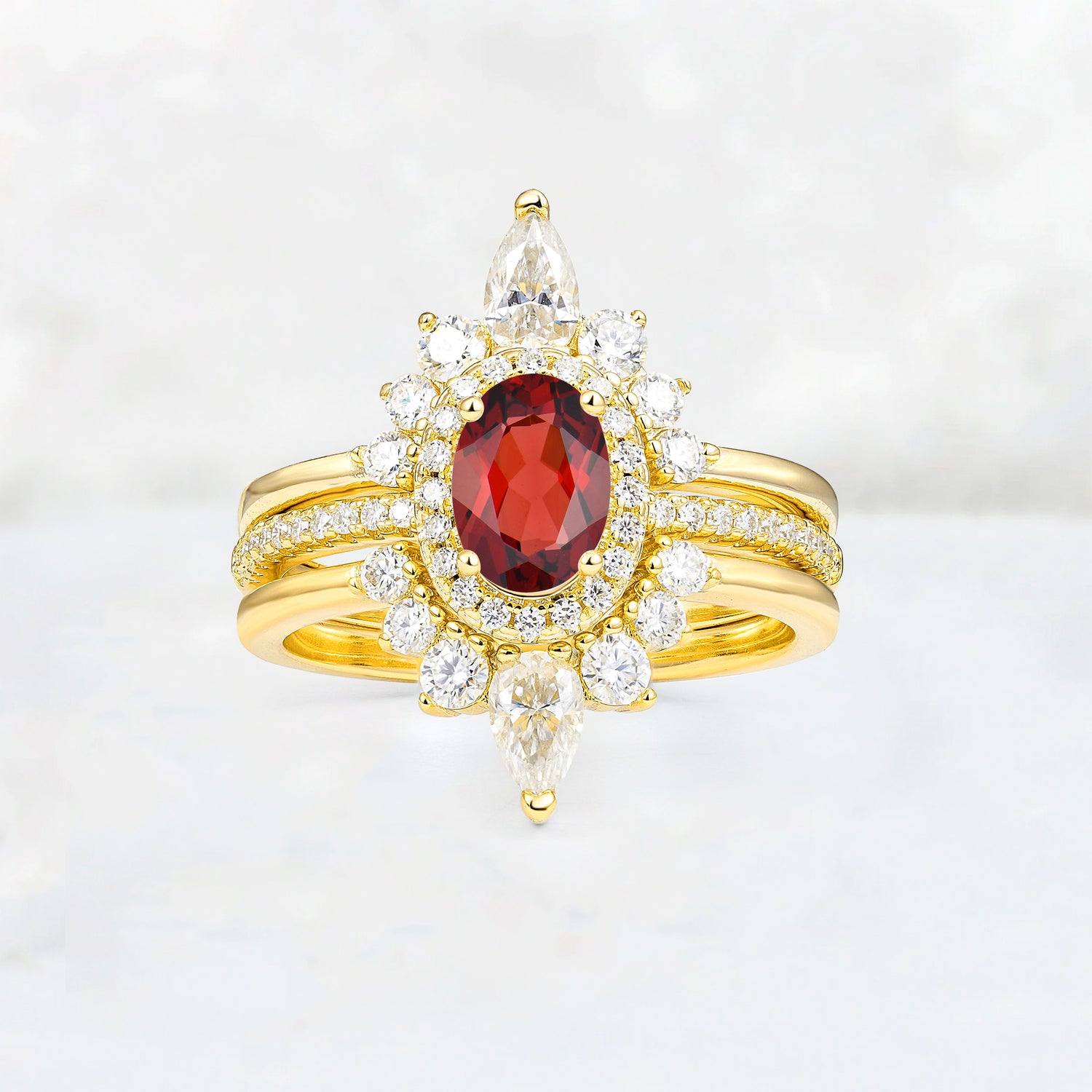 3 Piece Halo Garnet Bridal Set with Enhancer Bands