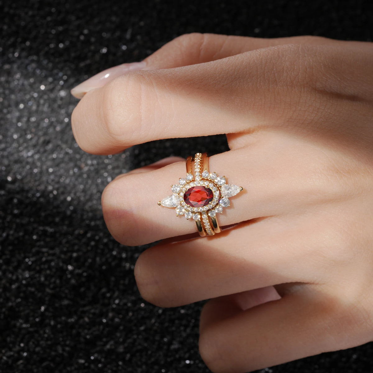 3 Piece Halo Garnet Bridal Set with Enhancer Bands