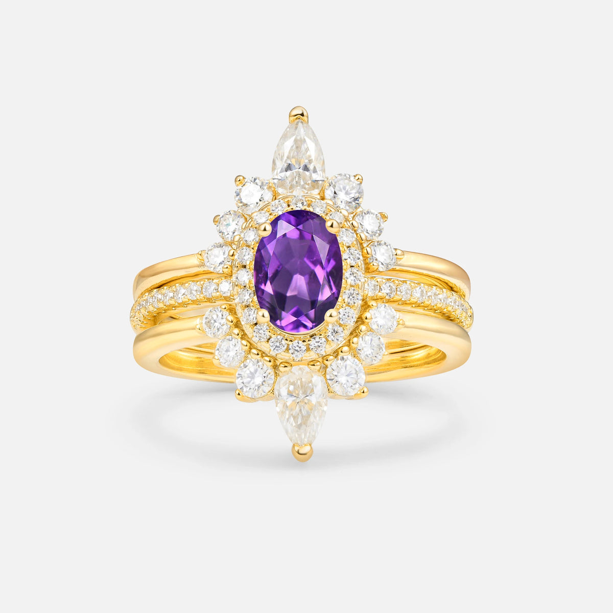 3 Piece Halo Amethyst Bridal Set with Enhancer Bands