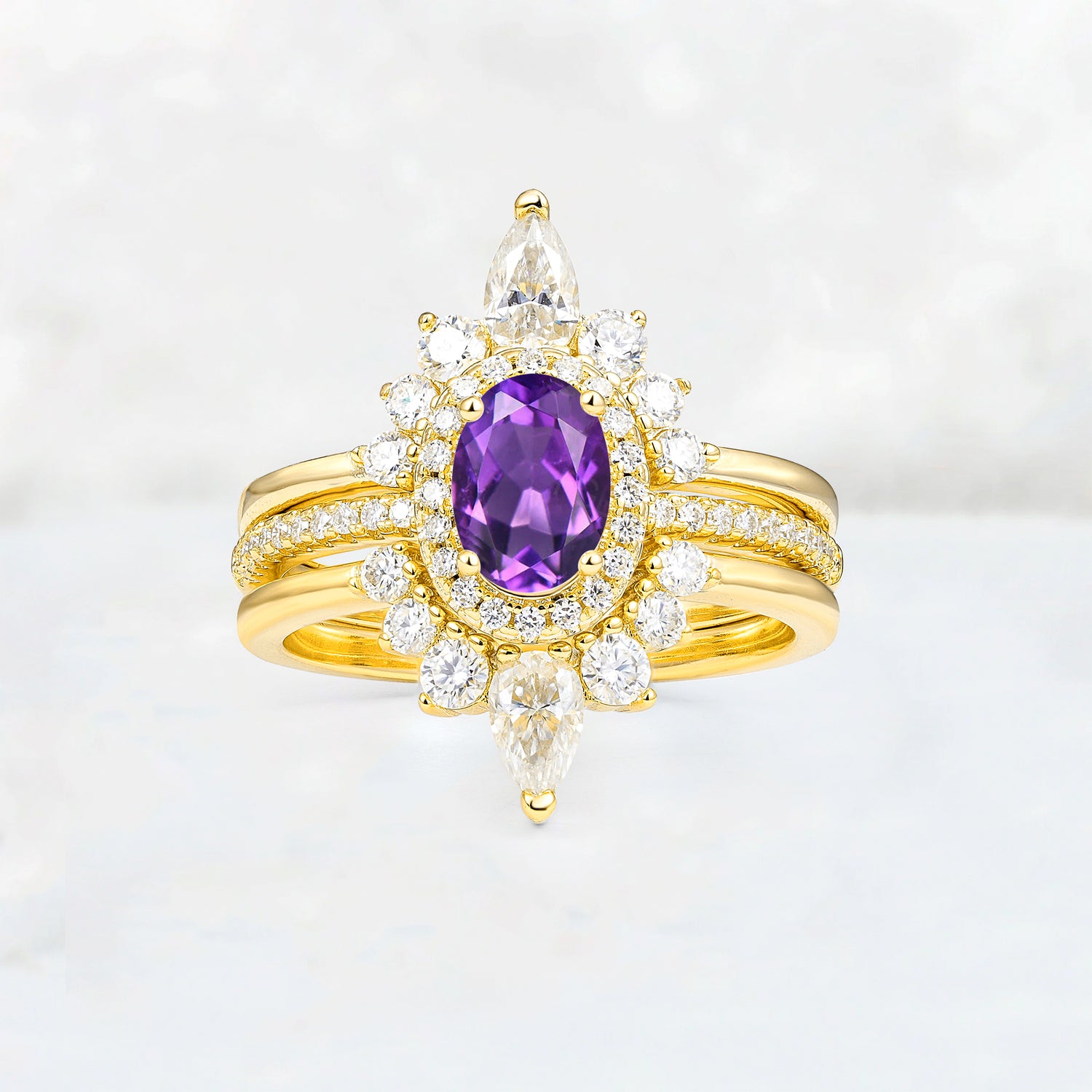 3 Piece Halo Amethyst Bridal Set with Enhancer Bands
