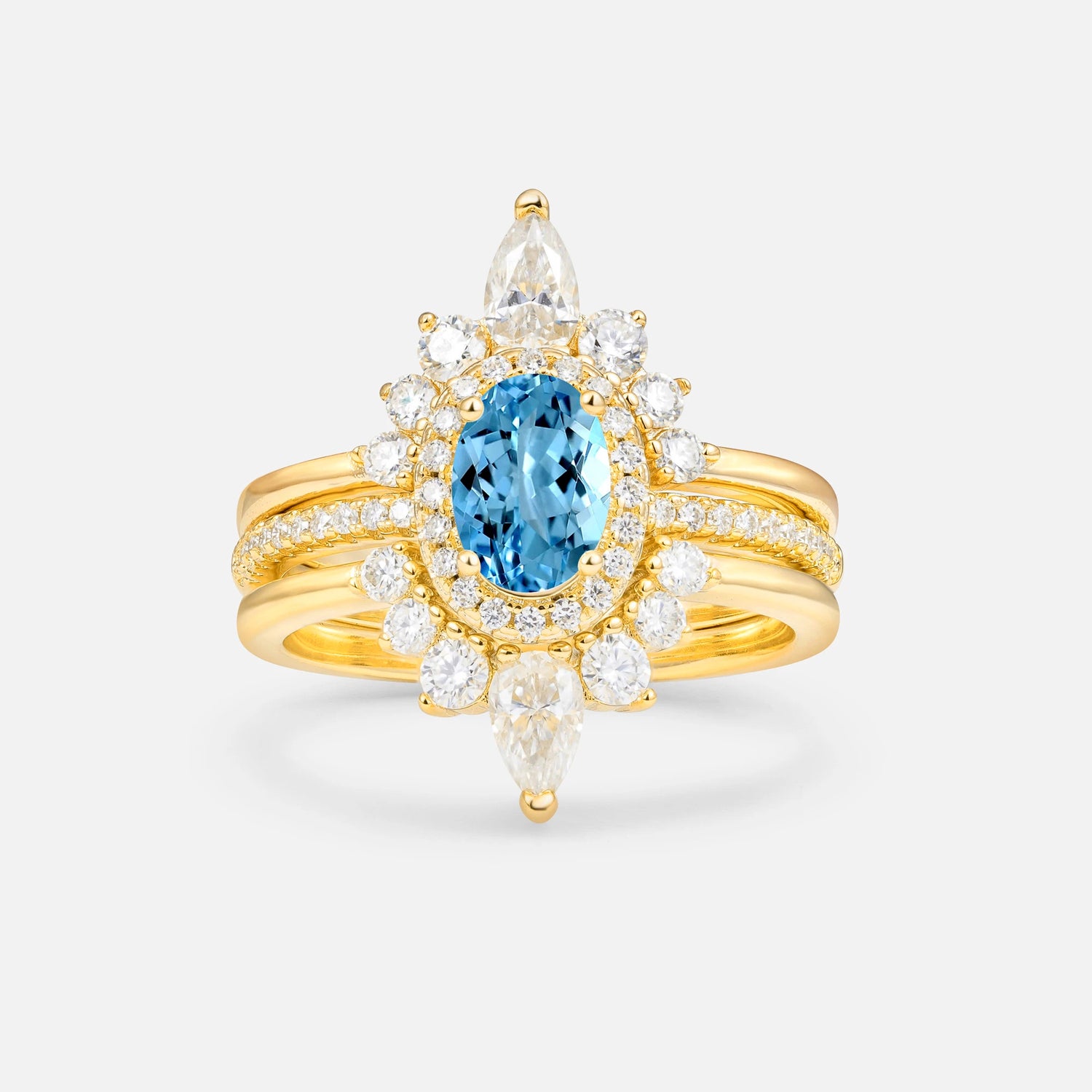 3 Piece Halo Aquamarine Bridal Set with Enhancer Bands