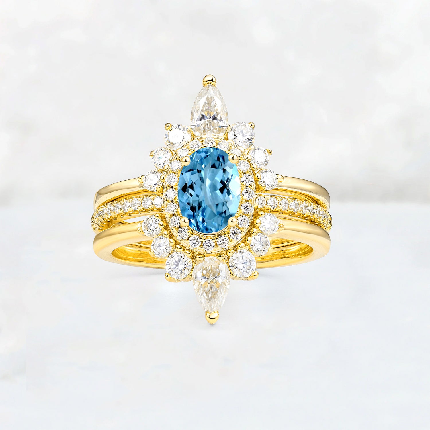 3 Piece Halo Aquamarine Bridal Set with Enhancer Bands