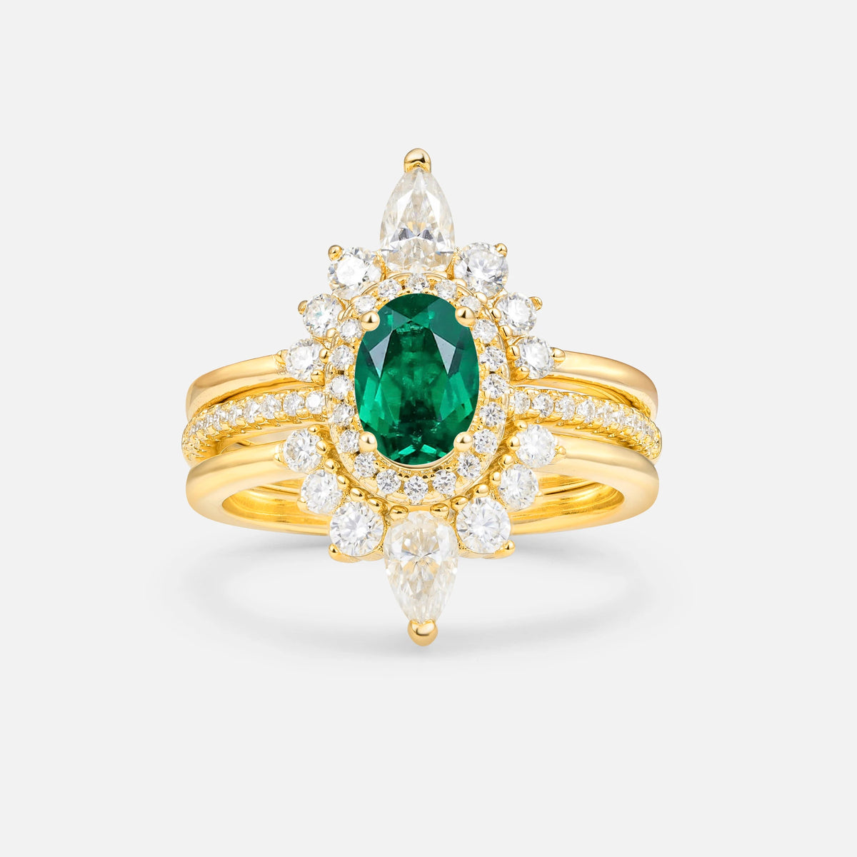 3 Piece Halo Emerald Bridal Set with Enhancer Bands