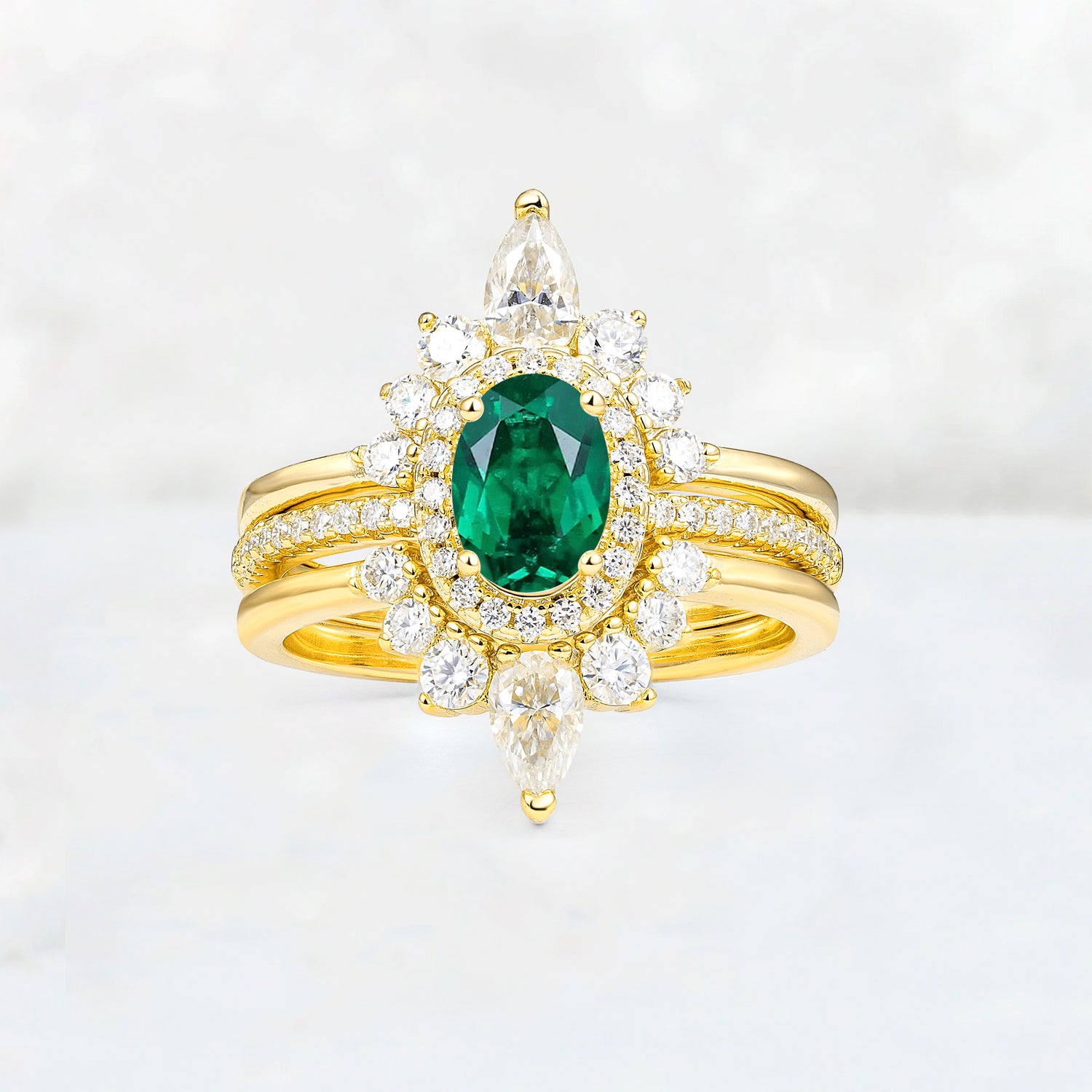 3 Piece Halo Emerald Bridal Set with Enhancer Bands