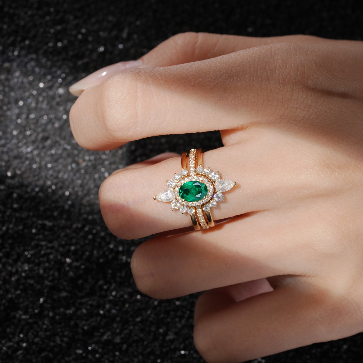3 Piece Halo Emerald Bridal Set with Enhancer Bands