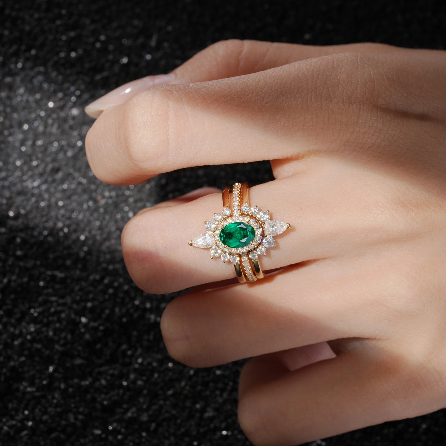 3 Piece Halo Emerald Bridal Set with Enhancer Bands