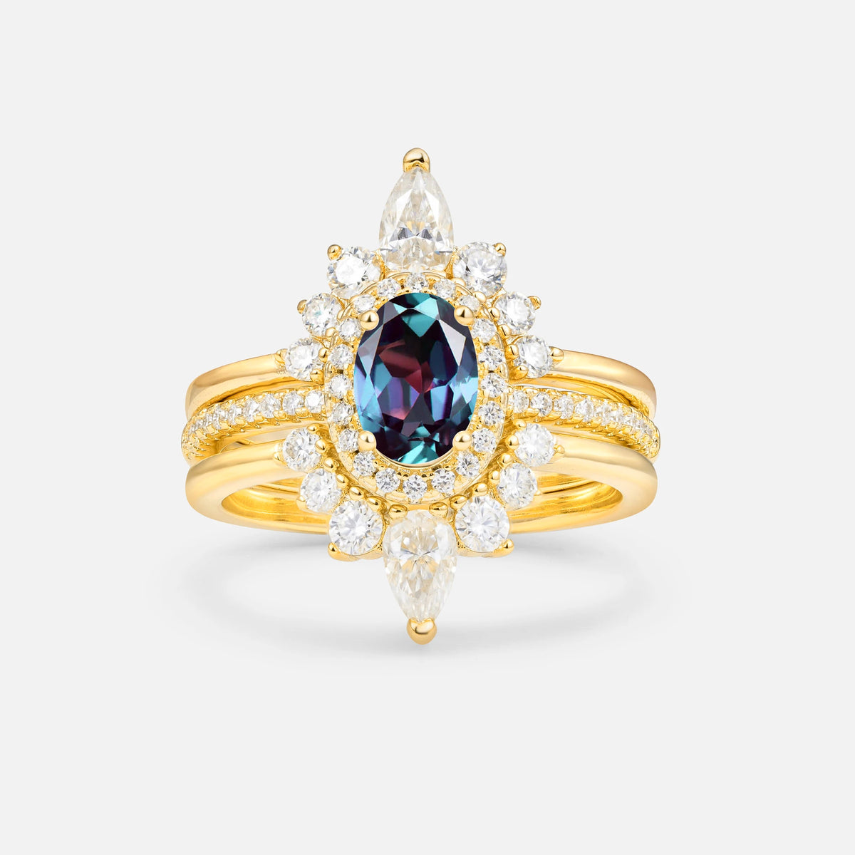 3 Piece Halo Alexandrite Bridal Set with Enhancer Bands