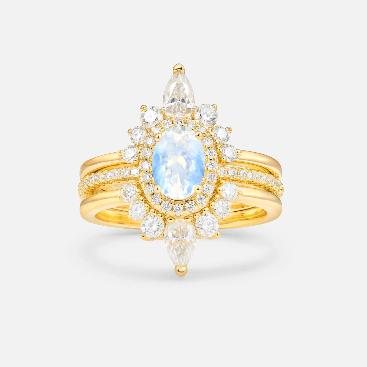 3 Piece Halo Moonstone Bridal Set with Enhancer Bands
