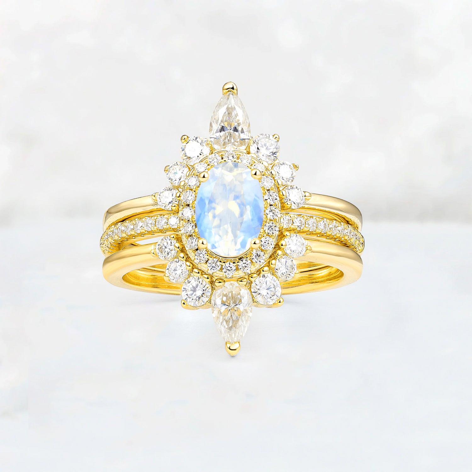 3 Piece Halo Moonstone Bridal Set with Enhancer Bands