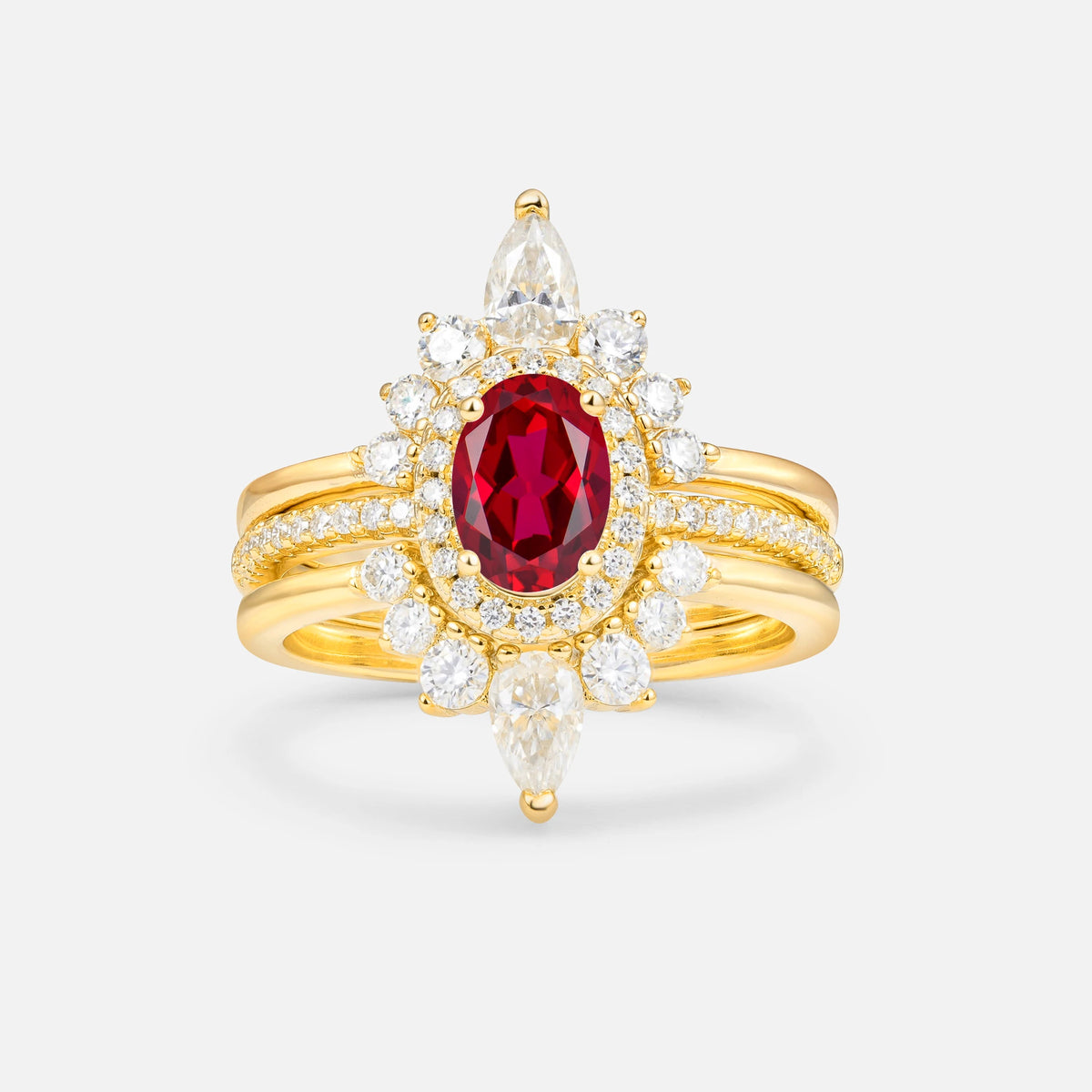 3 Piece Halo Ruby Bridal Set with Enhancer Bands