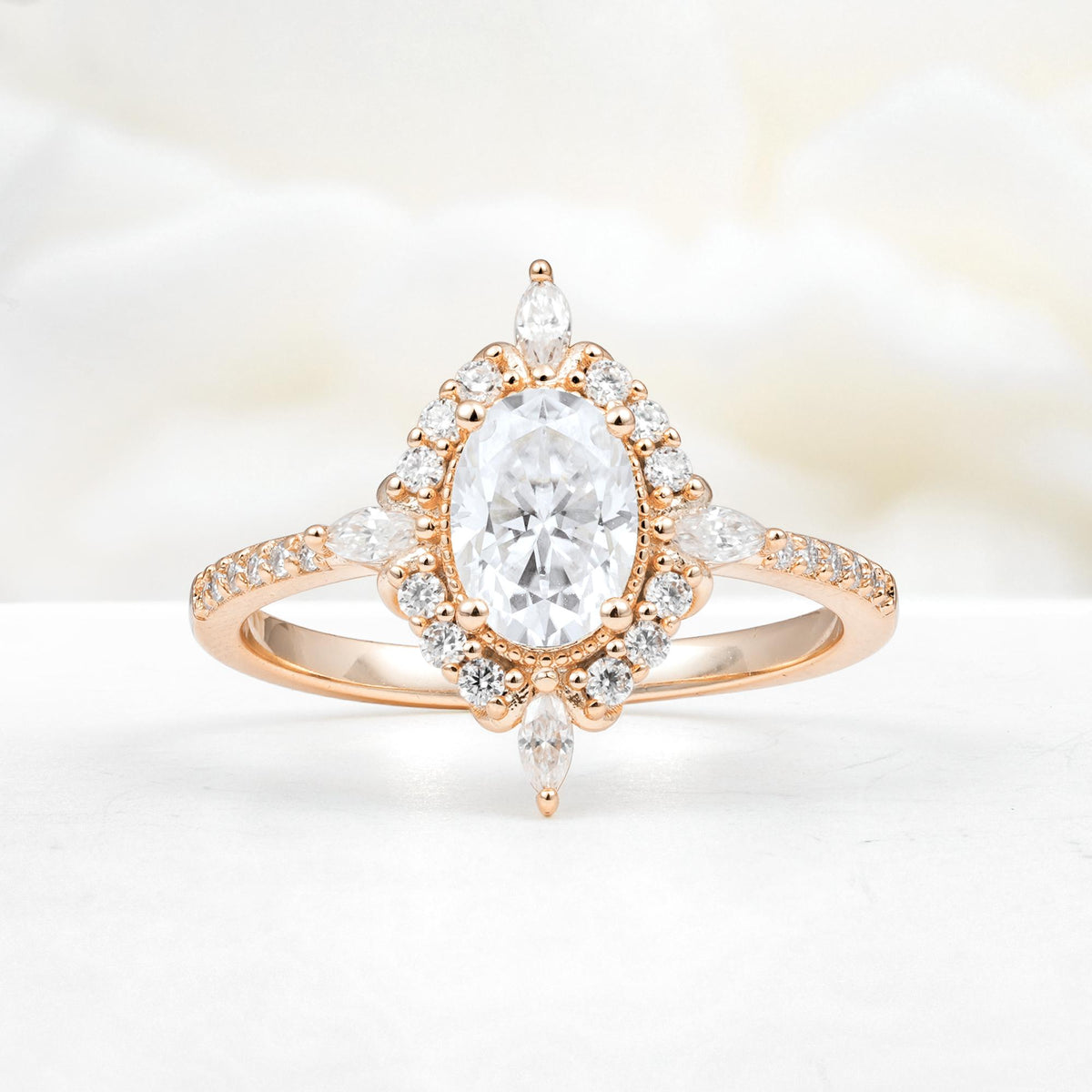 Oval Cut Moissanite Starburst Halo Engagement Ring with Pavé Band - Additional view