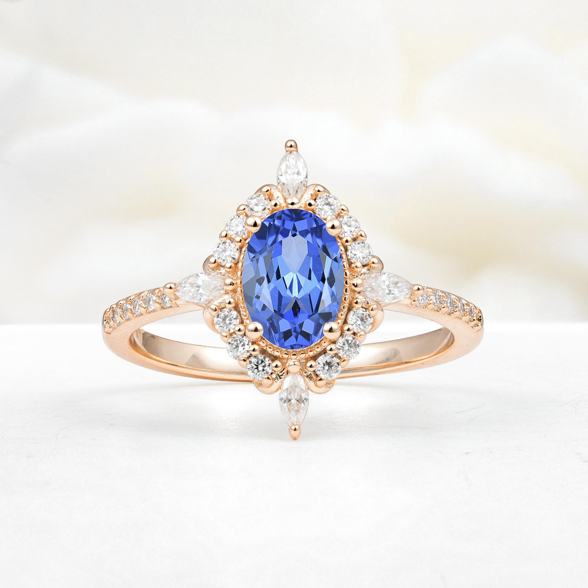 Oval Cut Sapphire Starburst Halo Engagement Ring with Pavé Band - Additional view