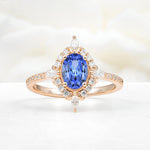 Oval Cut Sapphire Starburst Halo Engagement Ring with Pavé Band - Additional view