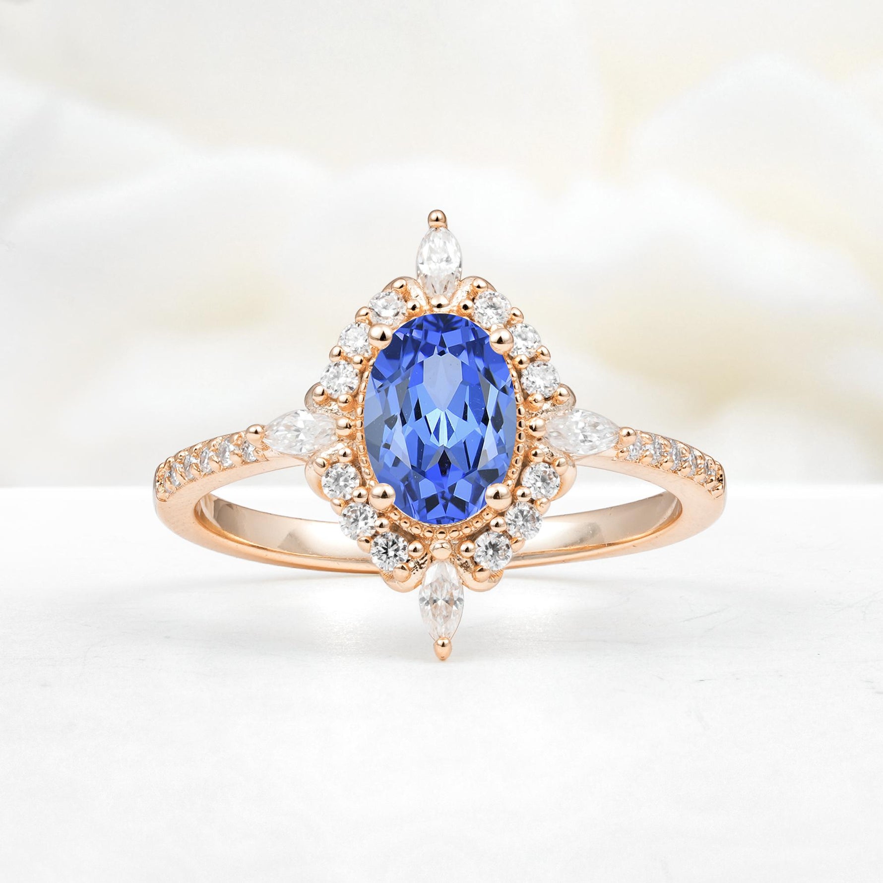 Oval Cut Sapphire Starburst Halo Engagement Ring with Pavé Band - Additional view
