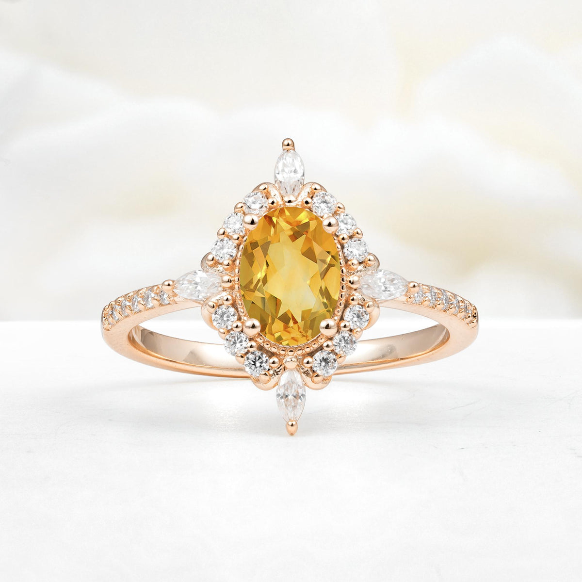 Oval Cut Citrine Starburst Halo Engagement Ring with Pavé Band - Additional view