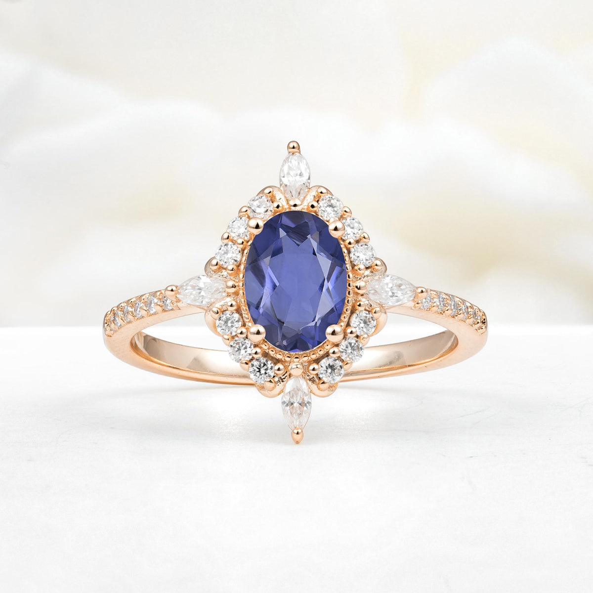 Oval Cut Tanzanite Starburst Halo Engagement Ring with Pavé Band - Additional view