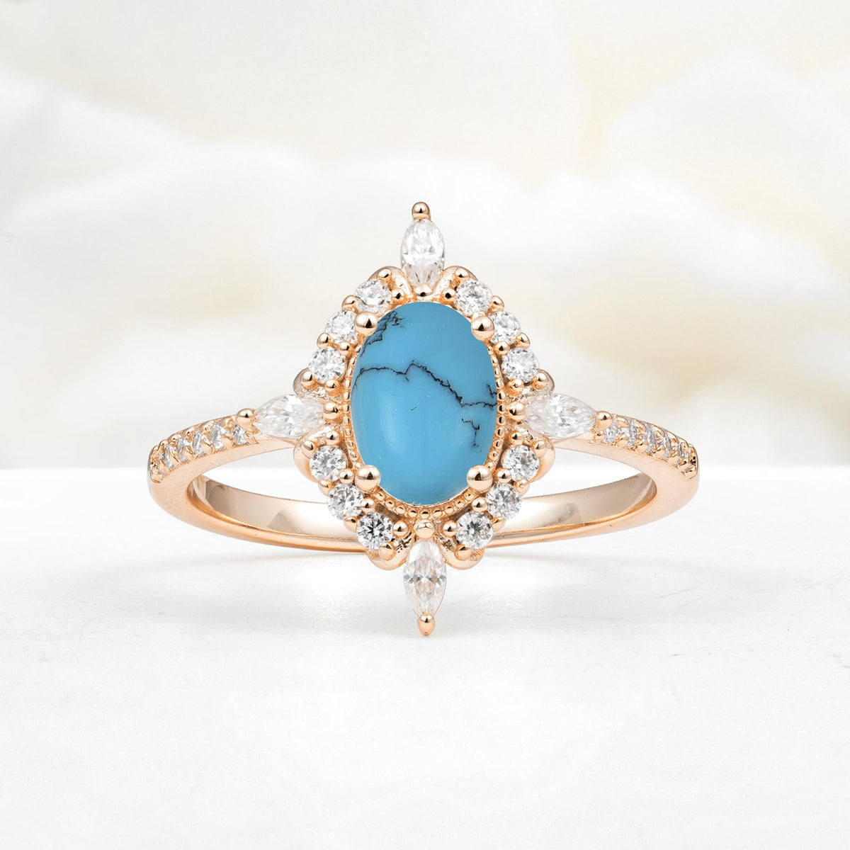 Oval Cut Turquoise Starburst Halo Engagement Ring with Pavé Band - Additional view