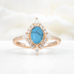 Oval Cut Turquoise Starburst Halo Engagement Ring with Pavé Band - Additional view