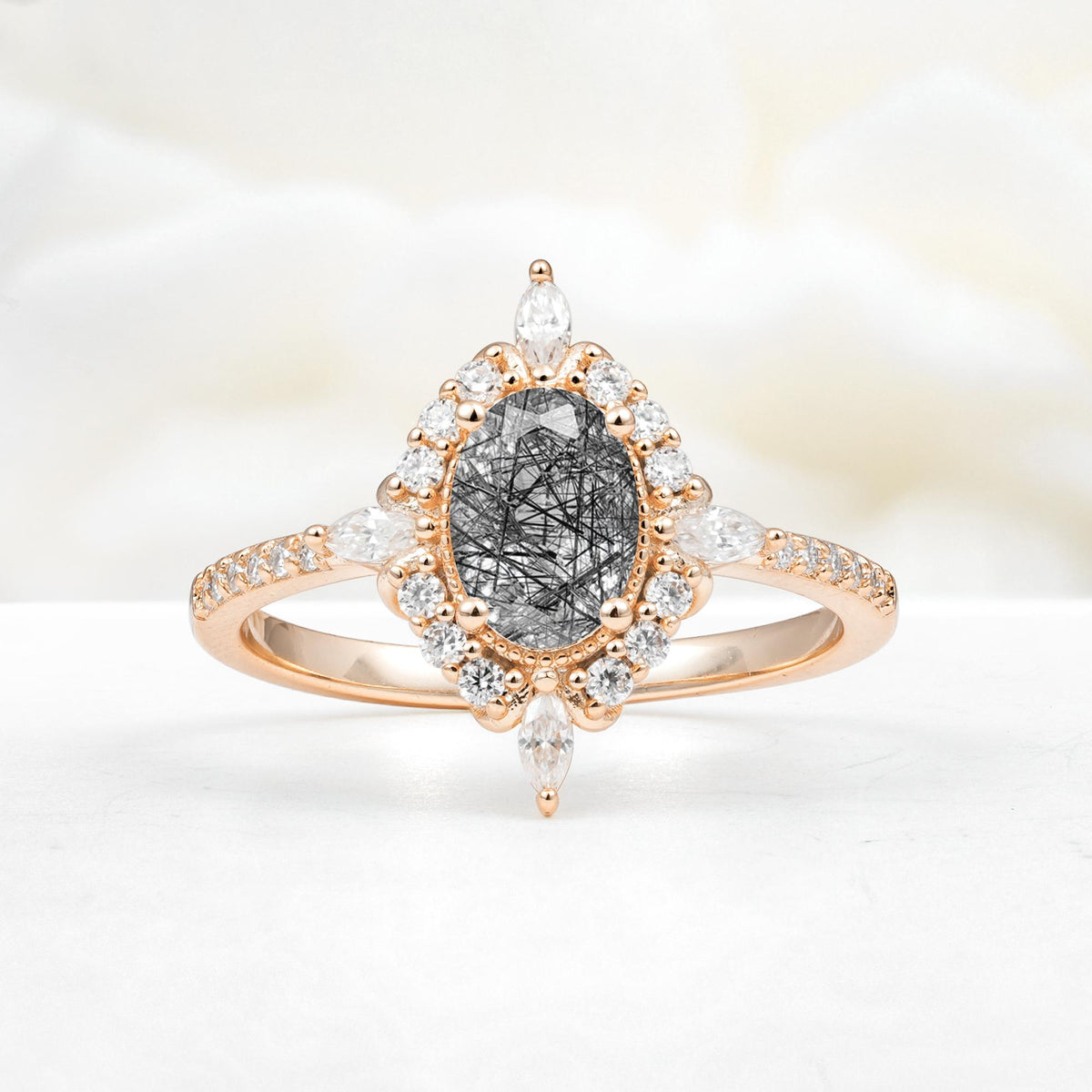 Oval Cut Black Rutilated Quartz Starburst Halo Engagement Ring with Pavé Band - Additional view