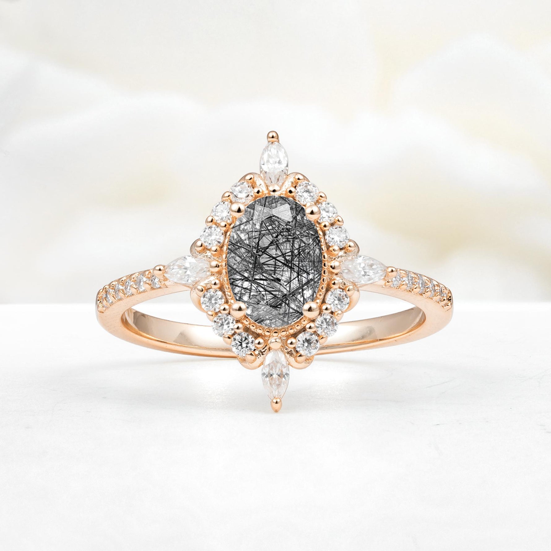 Oval Cut Black Rutilated Quartz Starburst Halo Engagement Ring with Pavé Band - Additional view