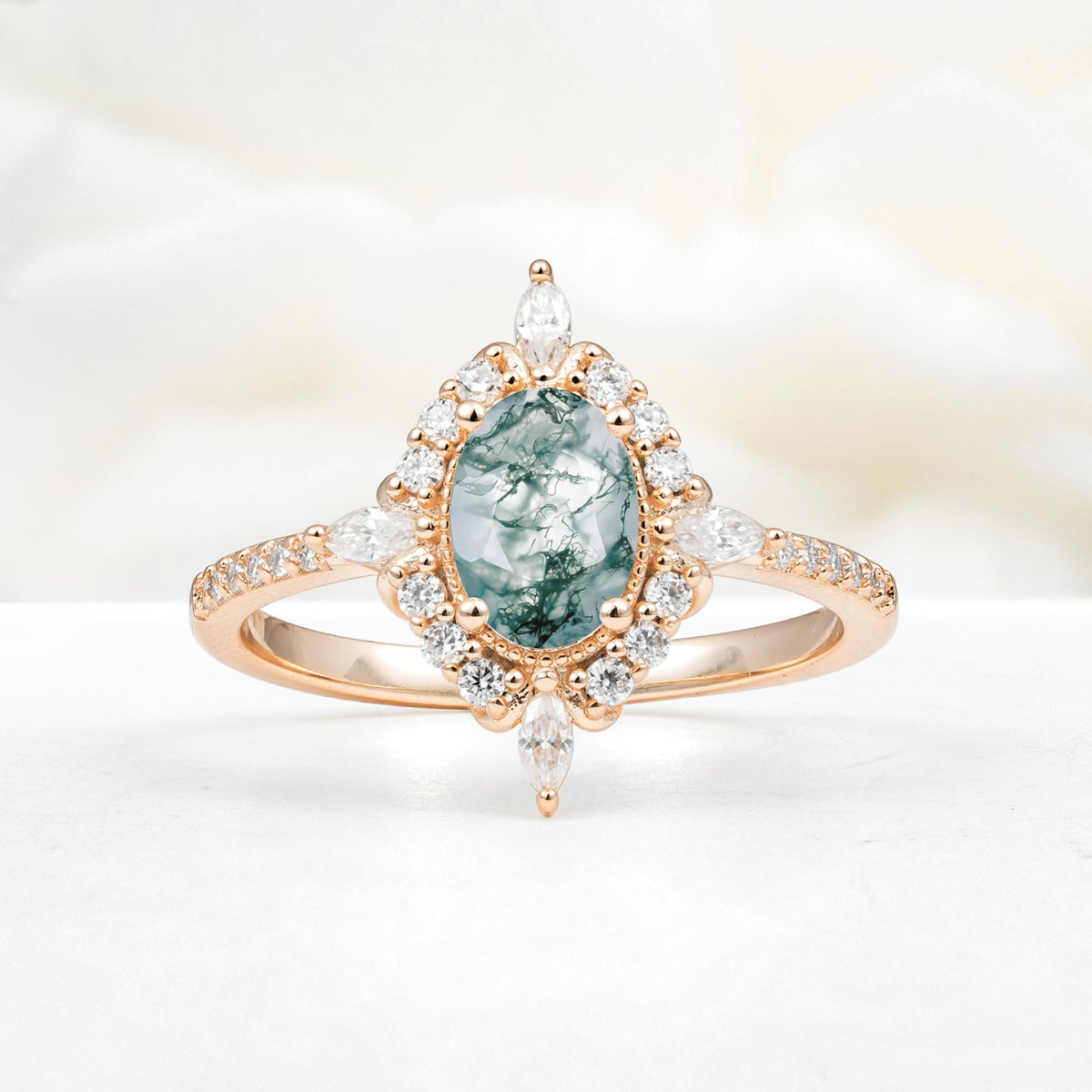Oval Cut Moss Agate Starburst Halo Engagement Ring with Pavé Band - Additional view
