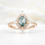 Oval Cut Moss Agate Starburst Halo Engagement Ring with Pavé Band - Additional view