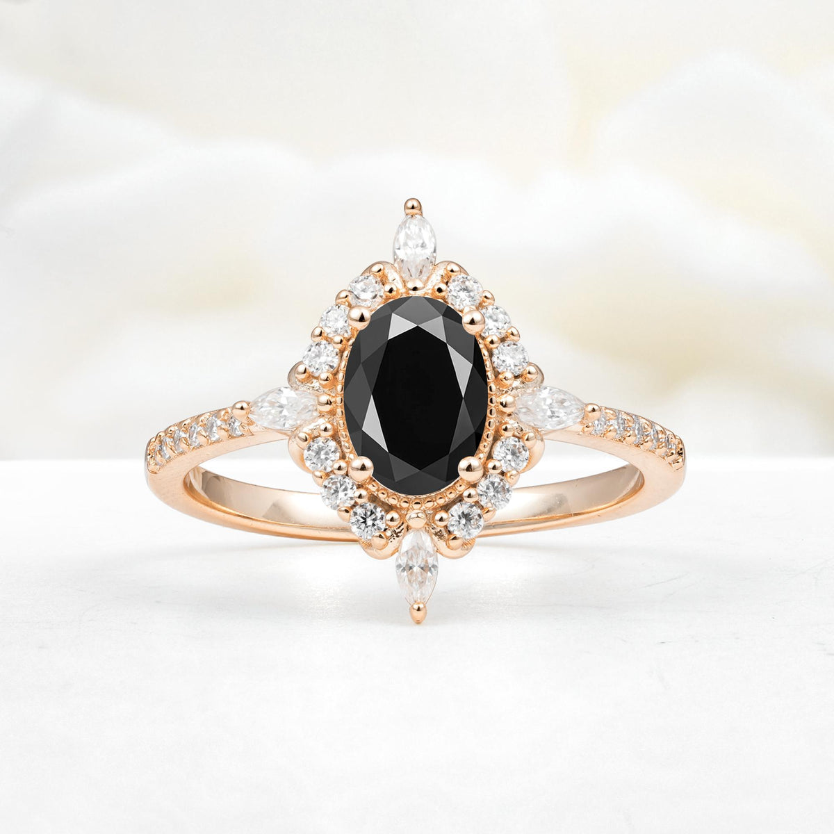 Oval Cut Black Onyx Starburst Halo Engagement Ring with Pavé Band - Additional view