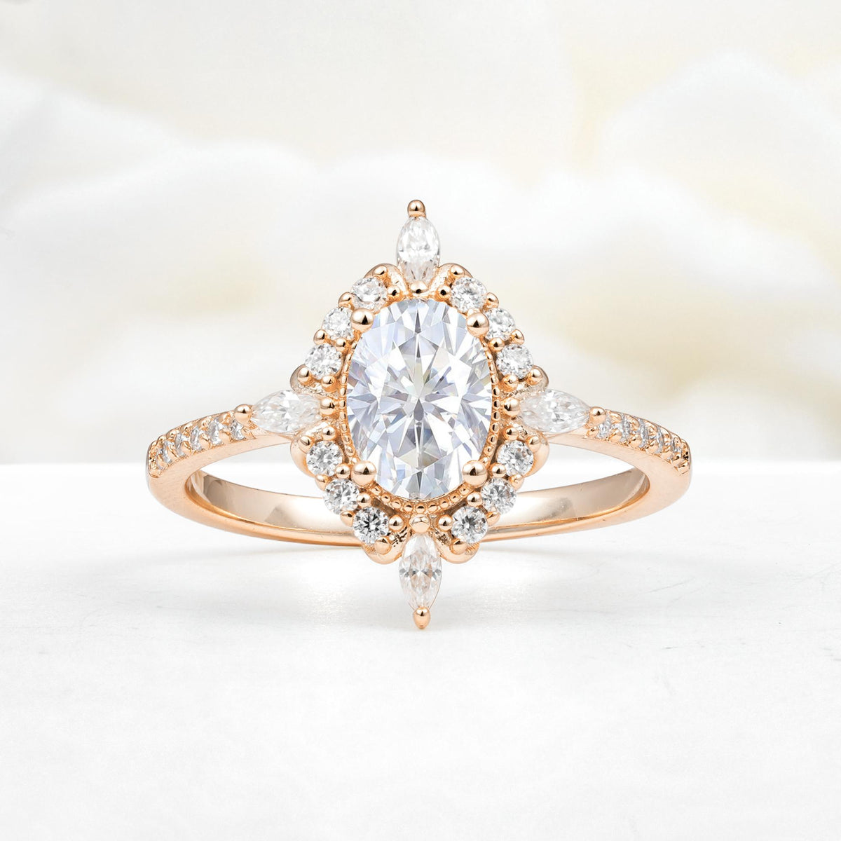 Oval Cut Lab Diamond Starburst Halo Engagement Ring with Pavé Band - Additional view