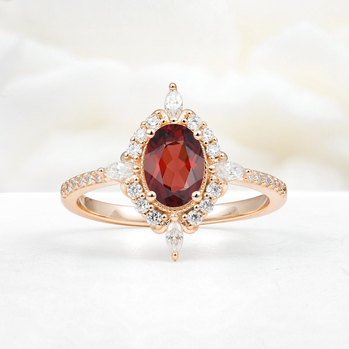 Oval Cut Garnet Starburst Halo Engagement Ring with Pavé Band - Additional view
