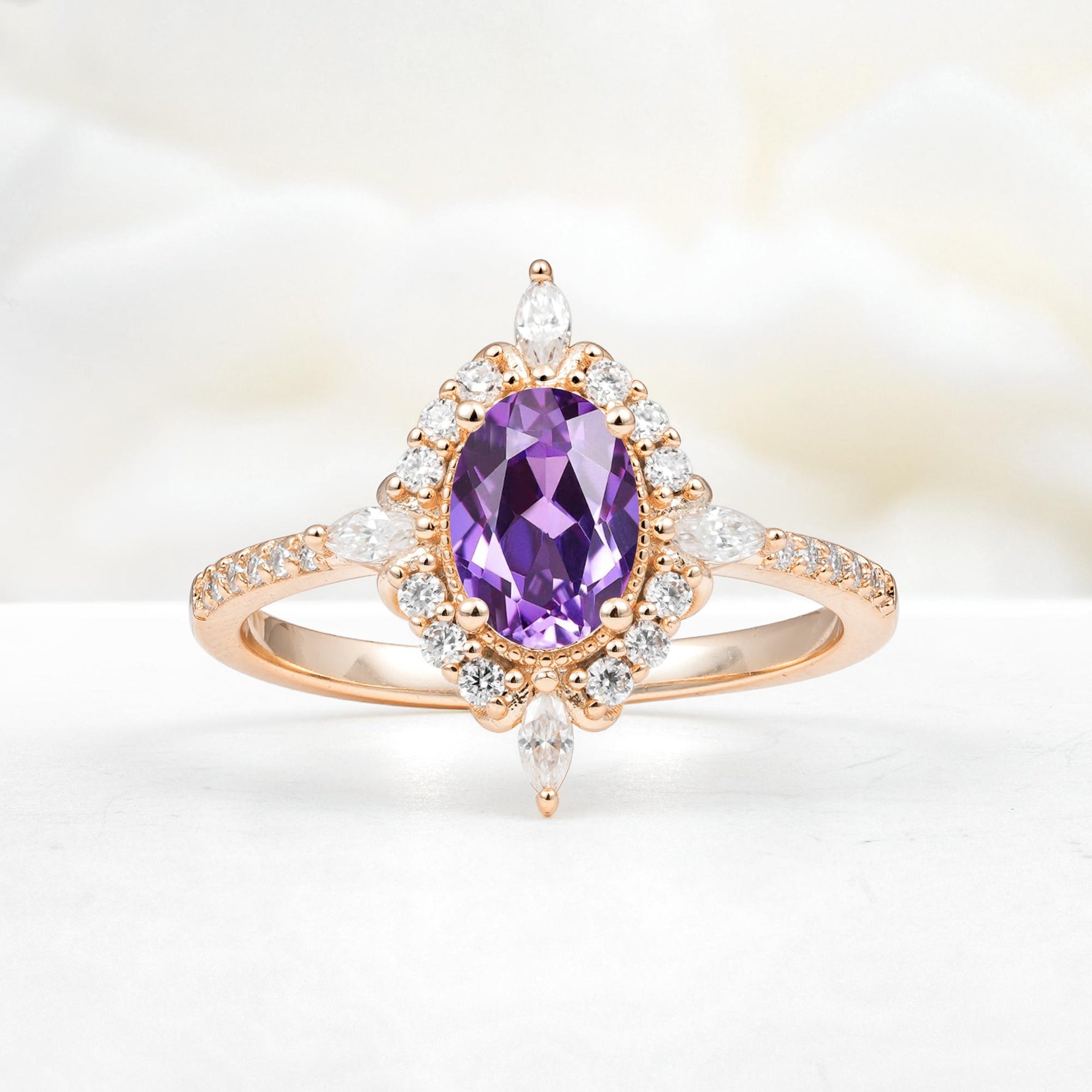 Oval Cut Amethyst Starburst Halo Engagement Ring with Pavé Band - Additional view