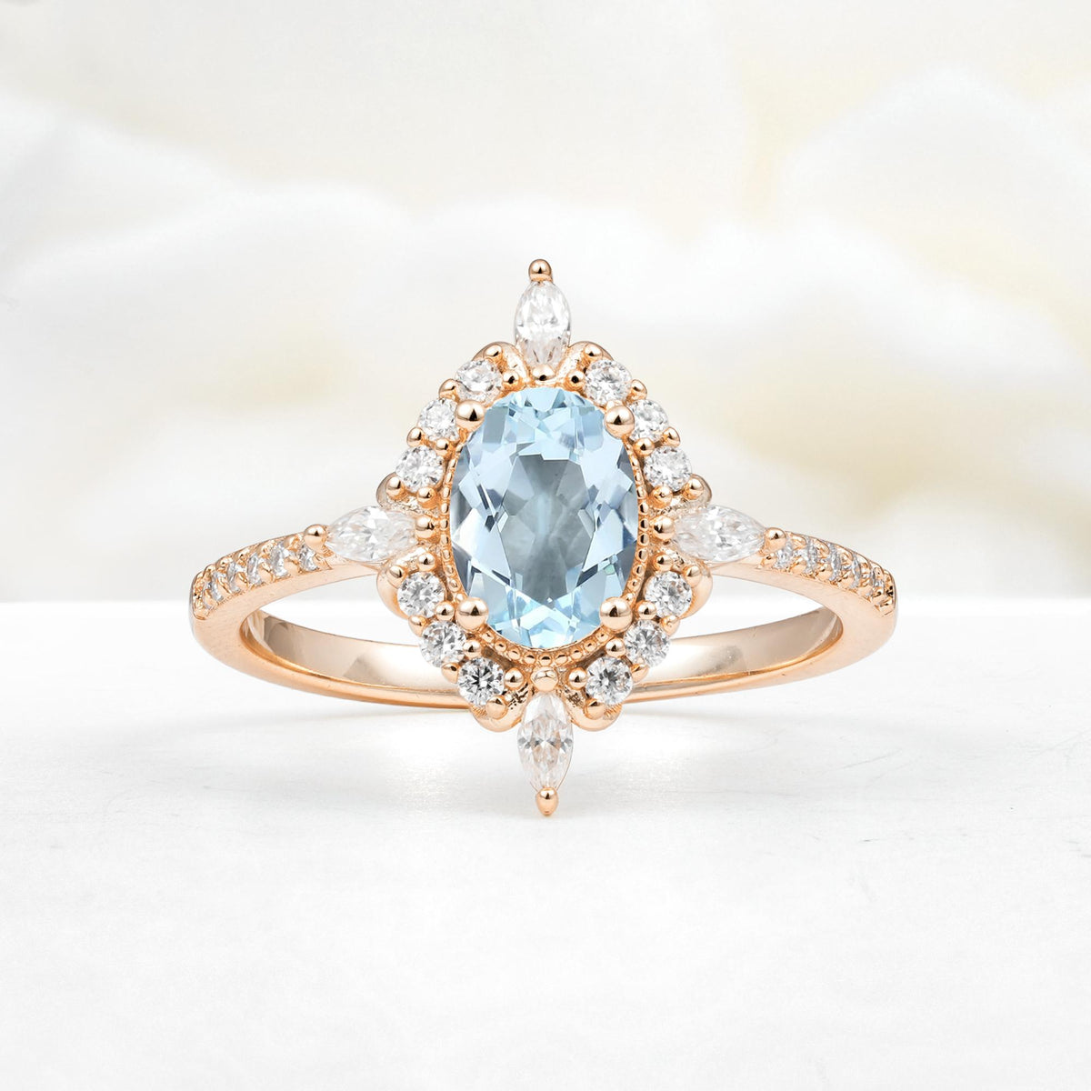 Oval Cut Aquamarine Starburst Halo Engagement Ring with Pavé Band - Additional view