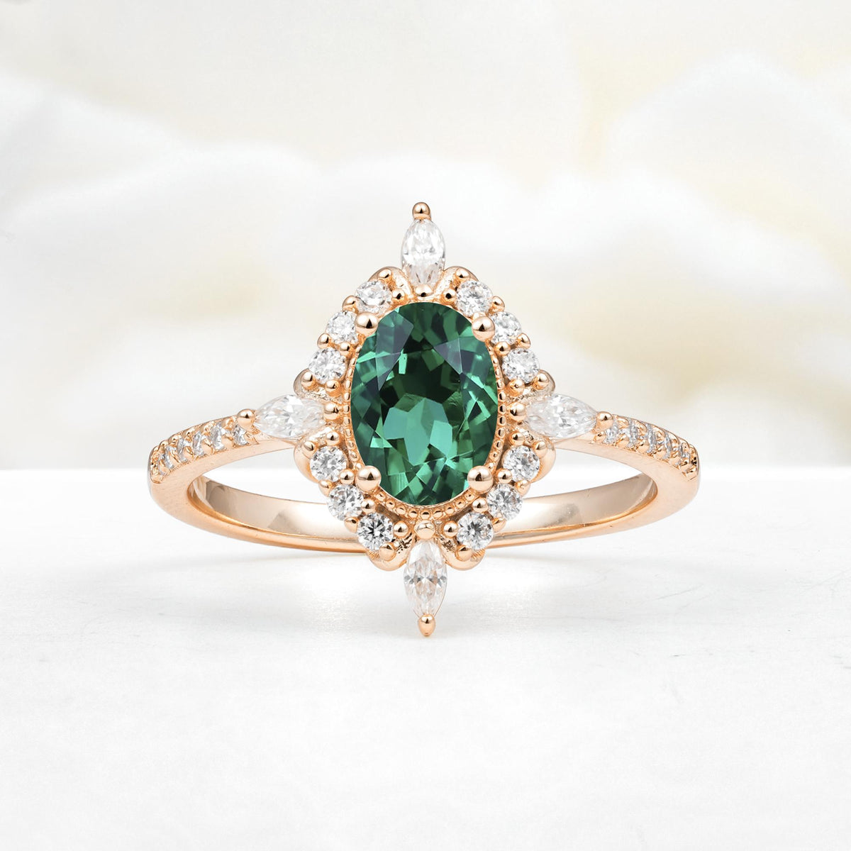 Oval Cut Emerald Starburst Halo Engagement Ring with Pavé Band - Additional view