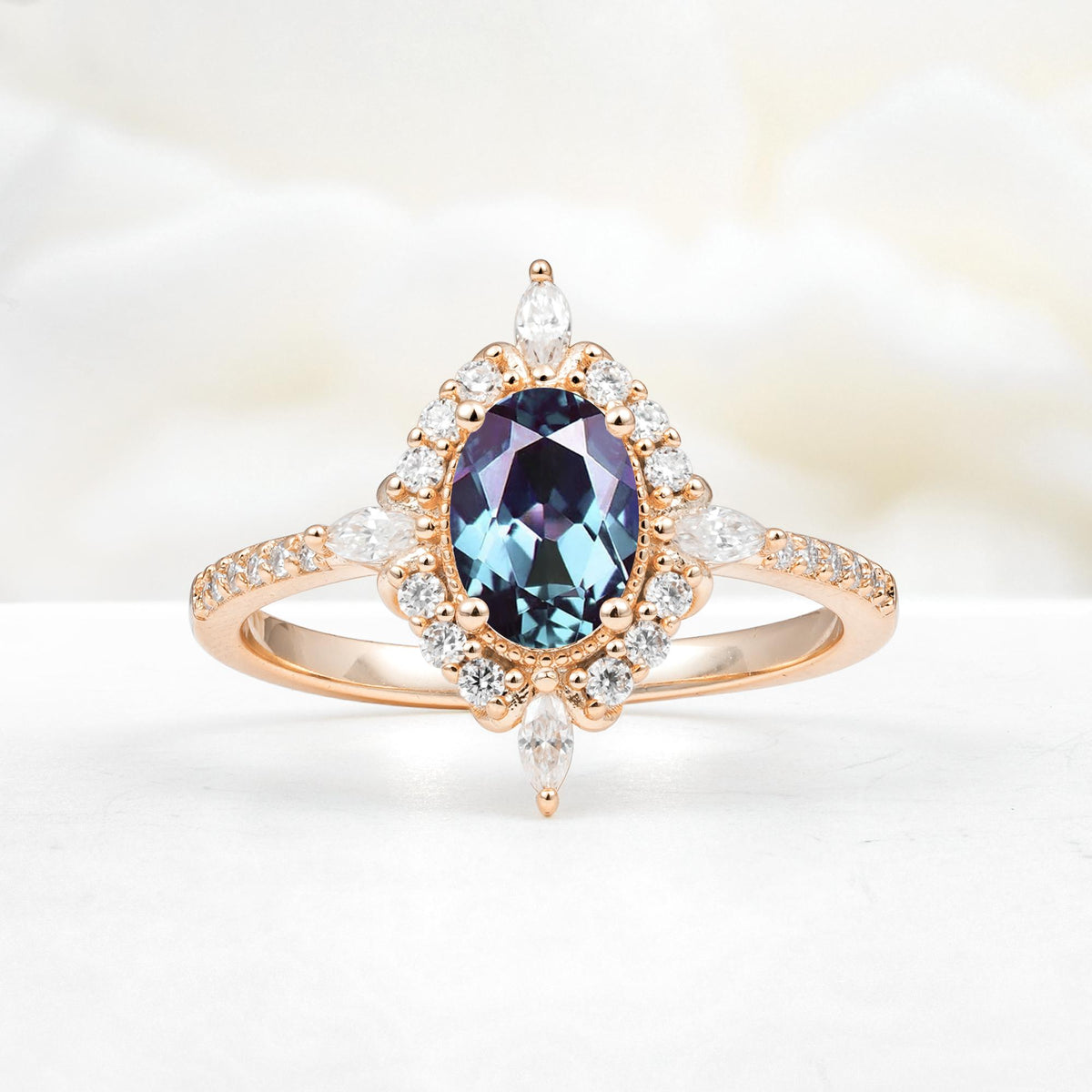 Oval Cut Alexandrite Starburst Halo Engagement Ring with Pavé Band - Additional view
